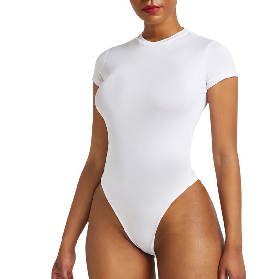 Lisingtool Full Body Jumpsuit Women's Slid Color Fitting Short Sleeves Round Neck Bodysuit Bottoming Jumpsuit Bodysuit Top Jumpsuits for Women Dressy White