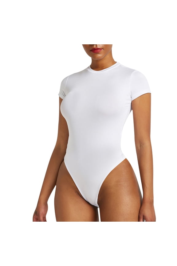 Full Body Jumpsuit Women's Slid Color Fitting Short Sleeves Round Neck Bodysuit Bottoming Jumpsuit Bodysuit Top Jumpsuits for Women Dressy White