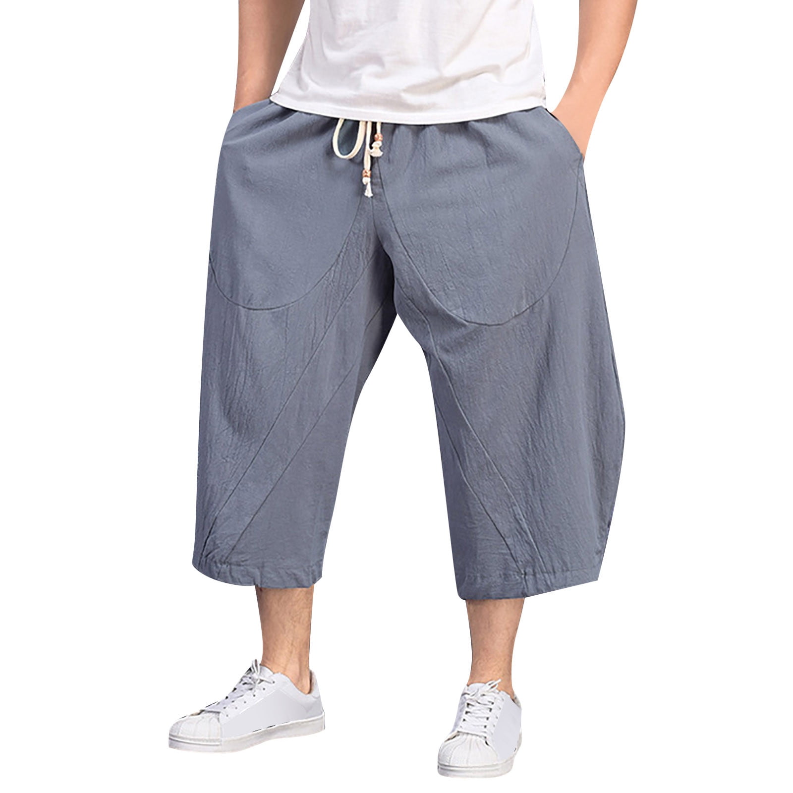 Lisingtool Halara Pants Men Baggy Wide Leg Pants Hanging Crotch Bloomers  Calf Length Mid Rise Pockets Trousers Men's Pants Grey 