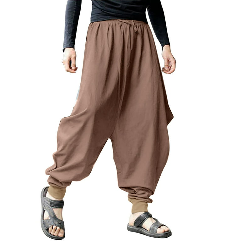 Lisingtool Halara Pants Mens Summer Retro Solid Color Loose Large Size  Cotton Linen Harem Pants Men's Pants Khaki 