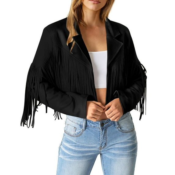 Lisingtool Jackets for Women Ladies Fashion Solid Color Fringe Faux Suede Leather Jacket Fashion Fringe Motorcycle Cropped Jacket Womens Fall Tops Black