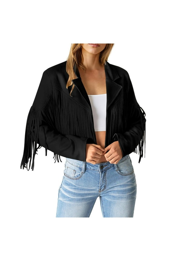 Jackets for Women Ladies Fashion Solid Color Fringe Faux Suede Leather Jacket Fashion Fringe Motorcycle Cropped Jacket Womens Fall Tops Black