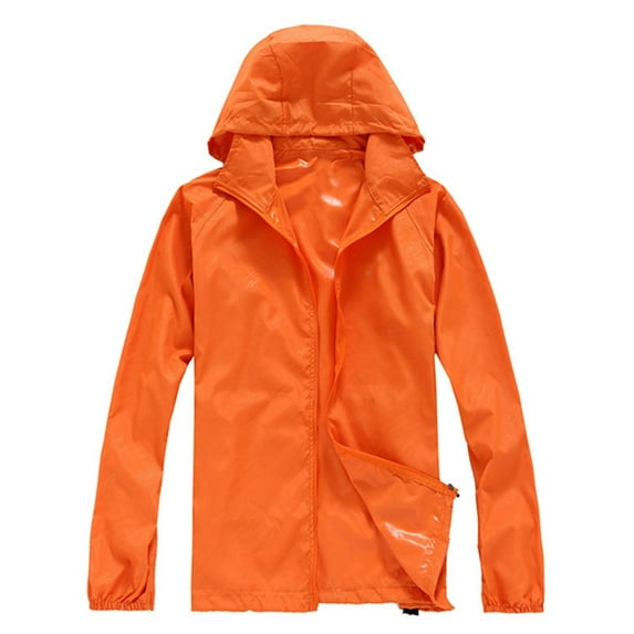 Lisingtool Jackets for Women Solid Rain Jacket Outdoor Plus Size Hooded Windproof Loose Coat Water Proof Raglan Cuff Storage Bag Womens Fall Tops Orange