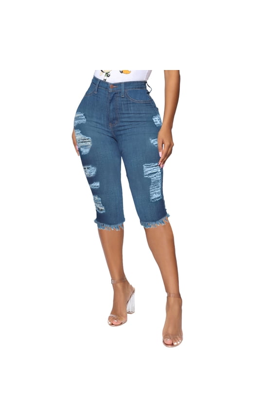 Jeans For Women Women'S Fashion Hand Worn High Waist Washed Stretch Jeans Capris High Waisted Jeans For Women Blue