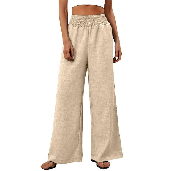 Lisingtool Linen Pants Women Summer Drawstring Waist Wide Leg Pants Loose Cotton Linen Palazzo Pants Casual Beach Long Pants Beige