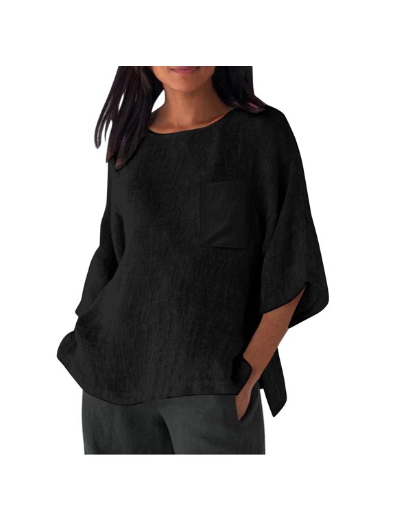 Linen Shirts for Women Plus Size 3/4 Length Sleeve Tops Casual Loose Fit Round Neck Tees Summer Fashion Blouse Black