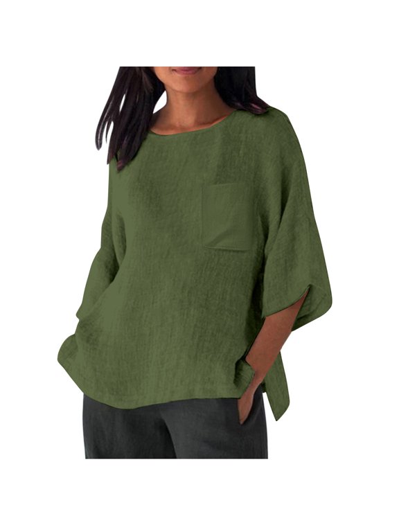 Linen Shirts for Women Plus Size 3/4 Length Sleeve Tops Casual Loose Fit Round Neck Tees Summer Fashion Blouse Green