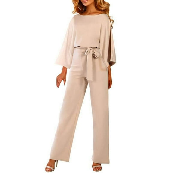Lisingtool Long Sleeve Jumpsuit Women's Spring and Summer Fashion Loose Solid Color Workplace Wind Bat Long Sleeved Lace up Pants Jumpsuits for Women Dressy Beige