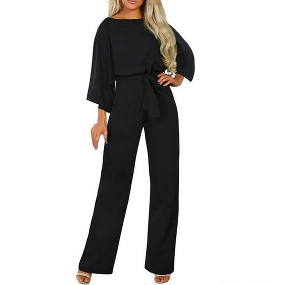 Lisingtool Long Sleeve Jumpsuit Women's Spring and Summer Fashion Loose Solid Color Workplace Wind Bat Long Sleeved Lace up Pants Jumpsuits for Women Dressy Black