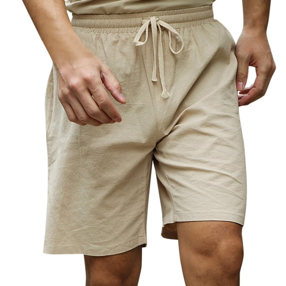Lisingtool Mens Pants Men'S Summer Casual Cotton Linen Drawstring Shorts Pant Solid Pocket Shorts Khaki