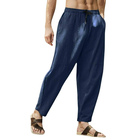 Lisingtool Mens Pants Men Spring and Summer Pant Casual All Match Solid Color Cotton Linen Loose Trouser Fashion Beach Pant Dark Blue