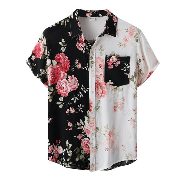 Lisingtool Mens Shirts Men's Casual Hawaii Patchwork Printed Shirt Short Sleeve Turn-Down Collar Shirt Mens Shirts Short Sleeve Black