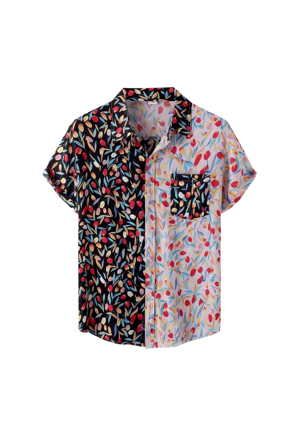 Mens Shirts Men's Casual Hawaii Patchwork Printed Shirt Short Sleeve Turn-Down Collar Shirt Mens Shirts Short Sleeve Red