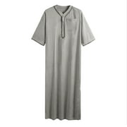 Lisingtool Mens Shirts Mens Casual Loose Muslim Arab Dubai Robe Middle Sleeve Button Shirt Retro Tops Grey
