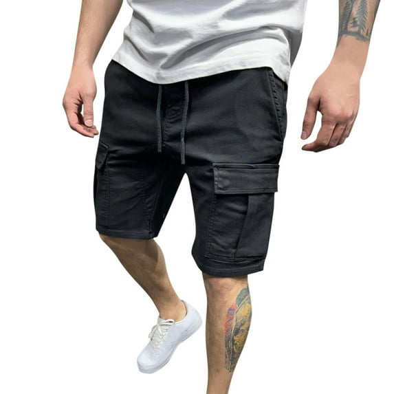 Lisingtool Men Pants Cargo Pants for Men Male Casual Solid Trousers Pant Cargo Pocket Slim Pant Drawstring Shorts Summer Shorts Men's Casual Shorts Black