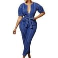 thumbnail image 1 of Lisingtool Overalls Women Denim Women's Slim Denim Long Jumpsuit Deep V Neck Denim Puff Sleeves Belted Tapered Jumpsuits for Women Dressy Blue, 1 of 8