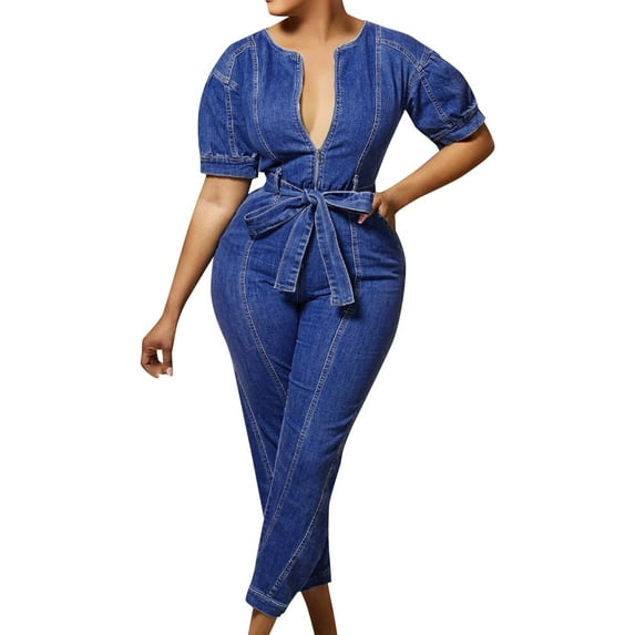Lisingtool Overalls Women Denim Women's Slim Denim Long Jumpsuit Deep V Neck Denim Puff Sleeves Belted Tapered Jumpsuits for Women Dressy Blue