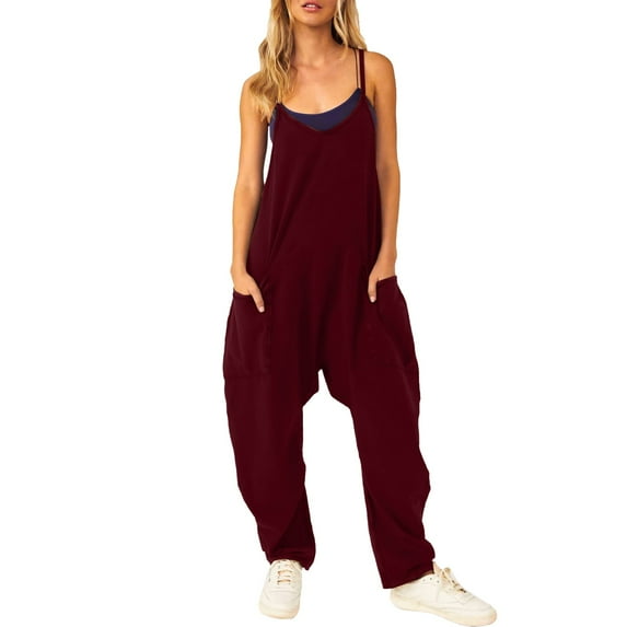 Lisingtool Overalls for Women Loose Fit Women's Casual Jumpsuit Spaghetti Straps Wide Leg Romper V Neck Spaghetti Straps Romper Sleeveless Long Jumpsuit Pants for Women