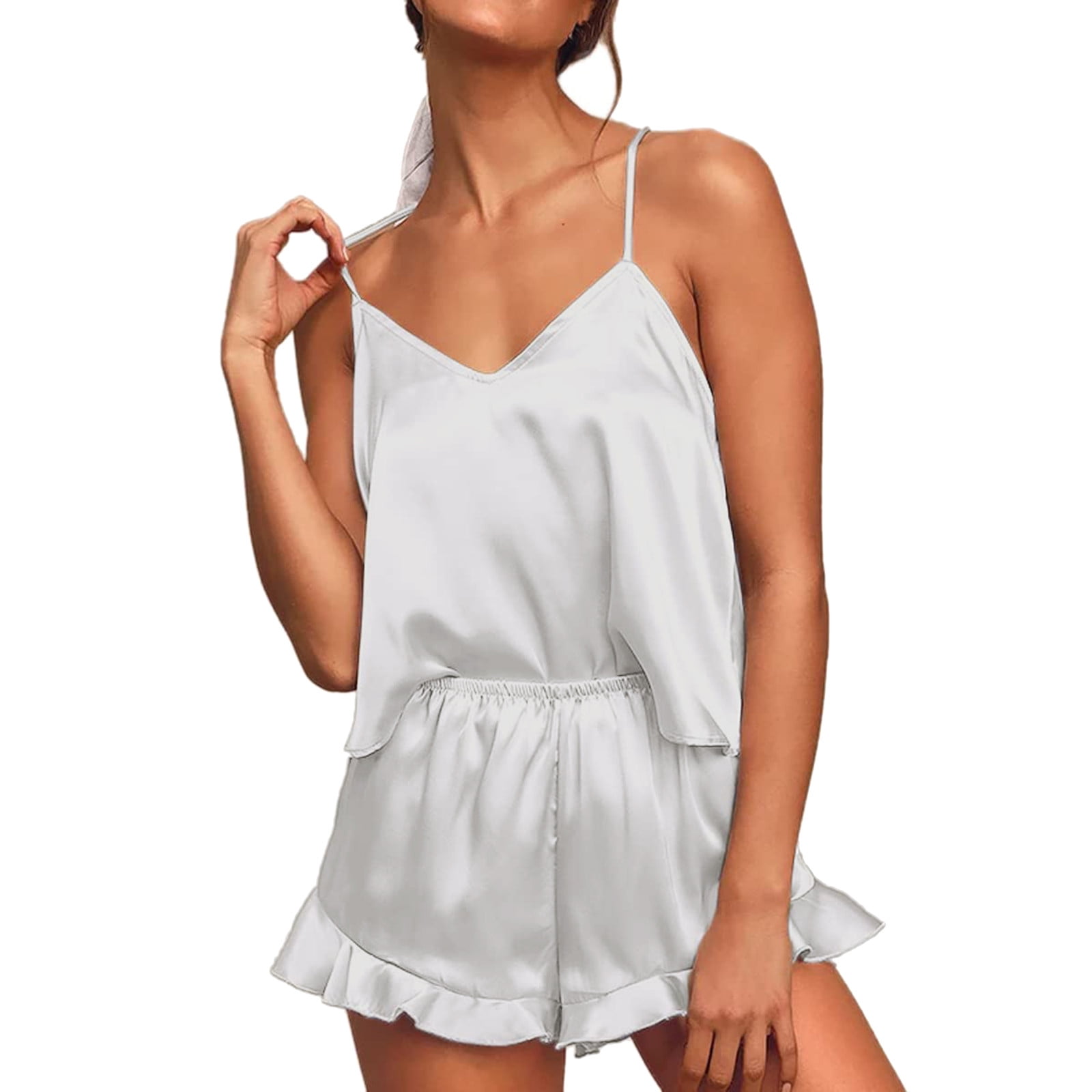 Lisingtool Pajamas for Women Set Women's Silk Satin Ruffled Pajamas Sets  Cami Shorts Sets Sleepwear Satin Pajamas Cami Shorts Set Nightwear Pajamas  Set Pajama Pants White 