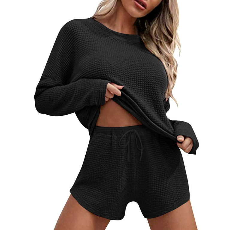 Lisingtool Pajamas for Women Set Womens Knitted Pajamas Suit Long Sleeved  Top And Shorts with Casual Wear Suit Casual Wear Sports Suit Shorts for