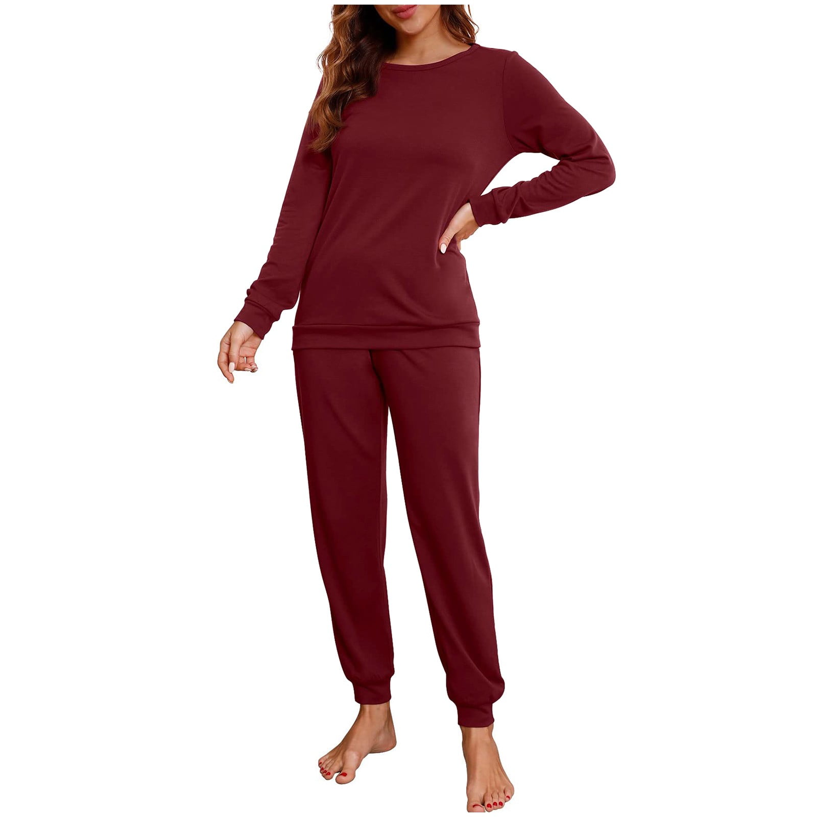 Lisingtool Pajamas for Women Set Womens Pajama Set Long Sleeve Sleepwear  Nightwear Soft Sets with Pockets Pajama Pants Wine