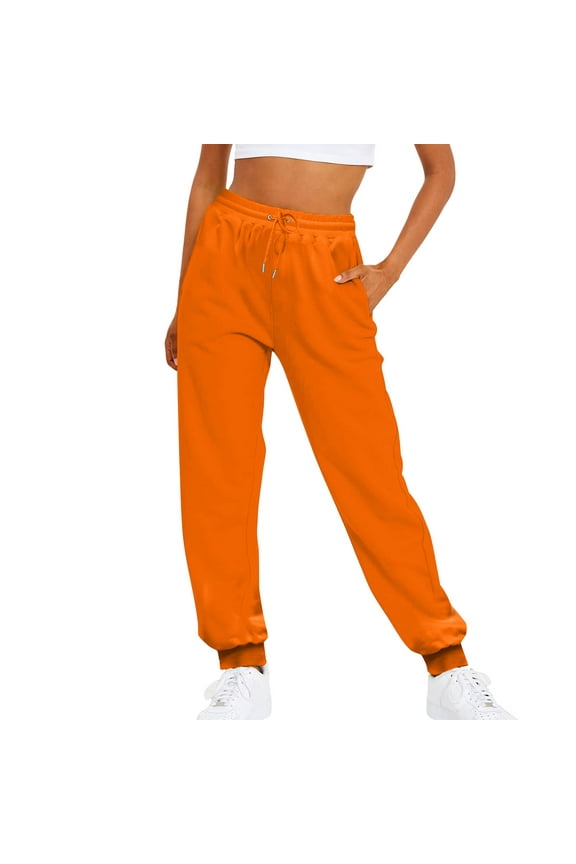 Lisingtool Pants Women Ladies Solid Color Drawstring Elastic Waist Casual Loose Foot Sweatpants Orange