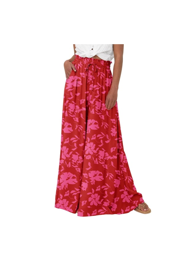 Pants for Women Sweatpants Women Flowy Pants for Women High Waisted Pants for Women Women High Waist Wide Leg Pants Summer Floral Solid Long Palazzo Pants Beach Trousers with Pocket Red