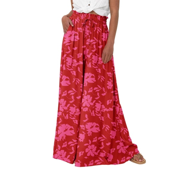 Lisingtool Pants for Women Sweatpants Women Flowy Pants for Women High Waisted Pants for Women Women High Waist Wide Leg Pants Summer Floral Solid Long Palazzo Pants Beach Trousers with Pocket Red