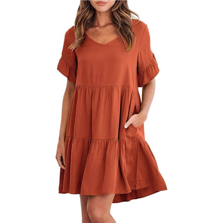 V Neck Causal Ruffle Hem Cap Sleeve Dress V Neck Causal Ruffle Hem Cap Sleeve Dress