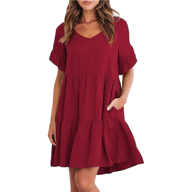 Lisingtool Plus Size Dress Ladies Summer Casual V Neck Layered Ruffle Hem  Pocket A Line Mini Swing Beach Short Sleeve Dress Womens Dresses Red -  Walmart.com