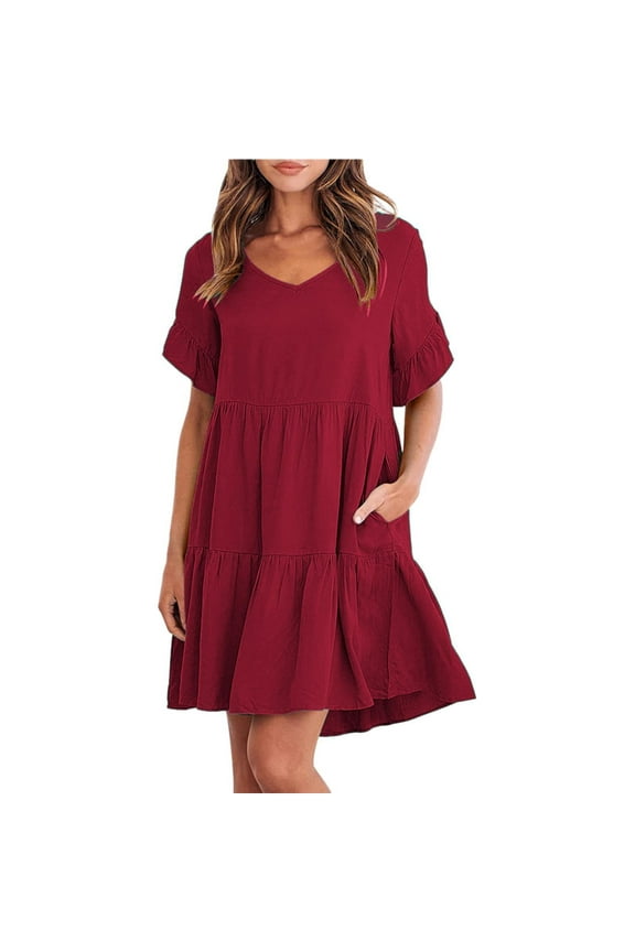 Plus Size Dress Ladies Summer Casual V Neck Layered Ruffle Hem Pocket A Line Mini Swing Beach Short Sleeve Dress Womens Dresses Red
