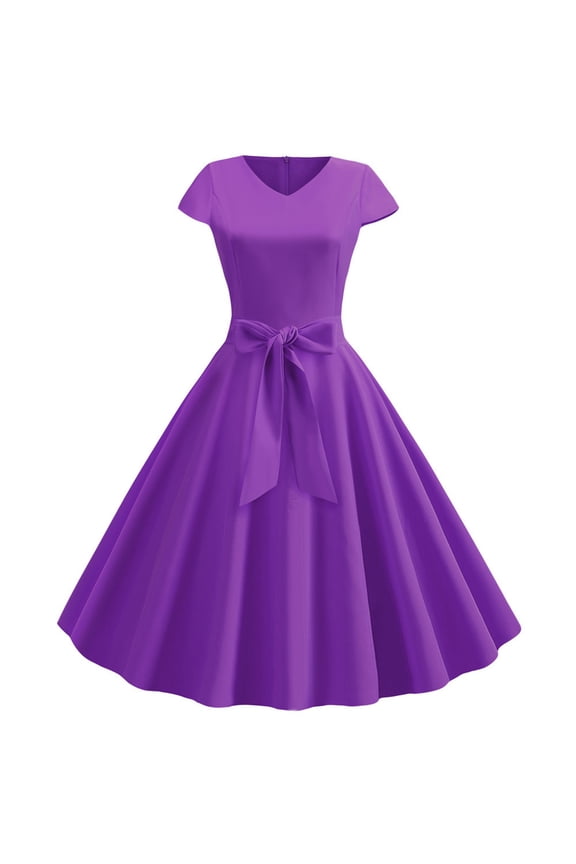 Plus Size Dress Vintage V Neck Short Sleeve Solid Color Casual Dress Cocktail Evening Dress Womens Dresses Purple