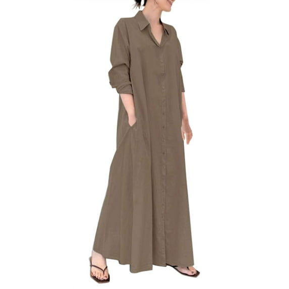 Lisingtool Plus Size Dress Women's Casual Button Down Cotton Linen Long Shirt Dress with Pockets Womens Dresses Coffee
