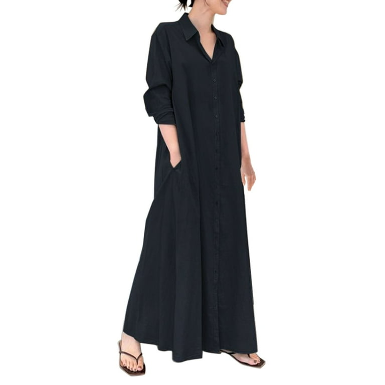 Lisingtool Plus Size Dress Women's Casual Button Down Cotton Linen Long Shirt  Dress with Pockets Womens Dresses Navy - Walmart.com