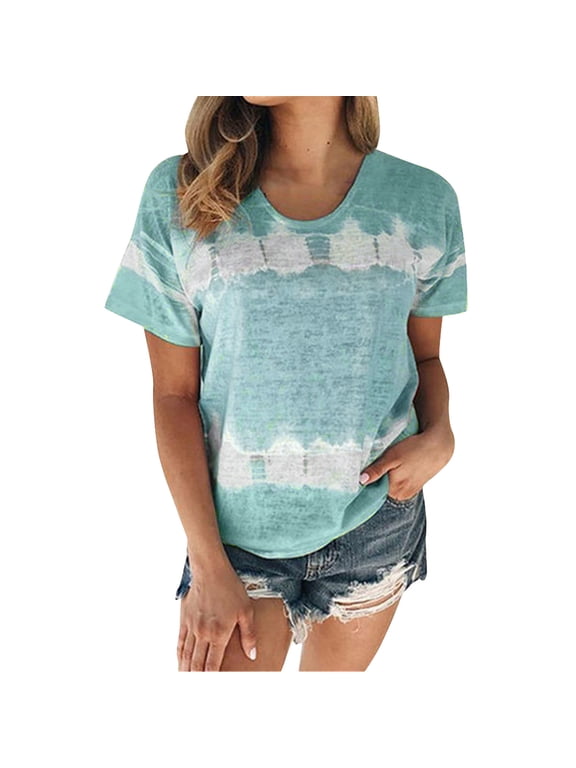 Shirts for Womens Plus Size Daily Summer Spring Summer Casual Round Neck Short Sleeve Tie Dye Print Patchwork Crew Neck T Shirt Casual Tee Tops(S 5Xl) Teacher Shirts Womens Tops Green