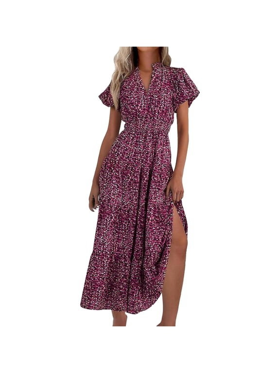 Summer Dresses for Women 2024 Sundresses for Women 2024 Casual Dresses for Women V Neck Dresses Summer Casual V Neck Short Sleeve Ruffle Ruched Beach Boho Long Floral Maxi Dress Wine