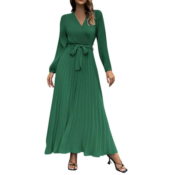 Lisingtool Summer Dresses for Women Sundresses for Women Autumn and Winter Women's Long Sleeved V Neck Dress Pleated A Line Skirt In The Long Casual Skirt S-XXL