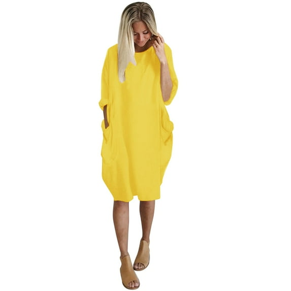 Lisingtool Summer Dresses for Women Sundresses for Women Women's Pocket Loose Dress Ladies Round Neck Casual Knee Length Dress S-6XL