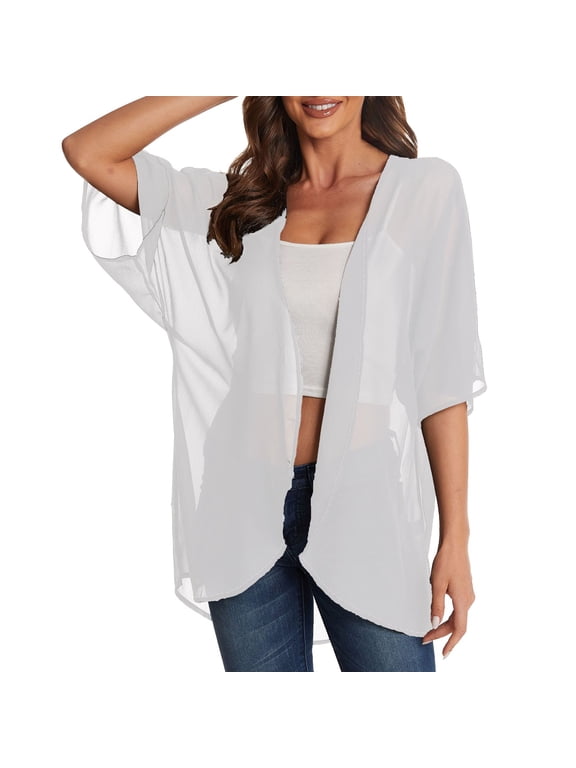 Summer Lightweight Casual Chiffon Short Sleeved Up Cardigans (Women), S-3XL