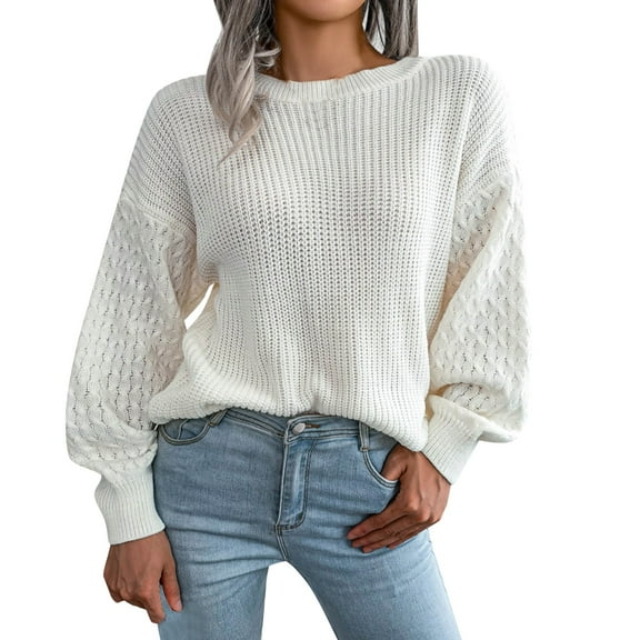 Lisingtool Sweaters For Women Women'S Fall Long Sleeve Crew Neck Solid Color Cable Knit Casual Oversized Pullover Sweater Tops Womens Long Sleeve Tops White