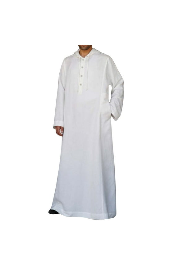 Tops Men'S Casual Solid Hooded Robe Long Sleeve Button Pocket Jubba Thobe Long Sleeve Shirts For Men White