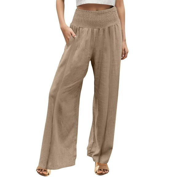 Lisingtool Trendy Pant for Women Linen Pants Women Summer Wide Leg Pants Drawstring Elastic Waist Pants High Waisted Pants Casual Beach Trousers Brown