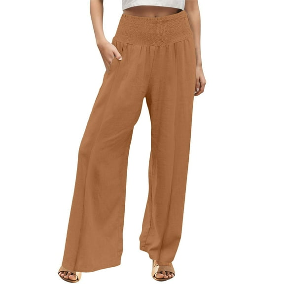 Lisingtool Trendy Pant for Women Linen Pants Women Summer Wide Leg Pants Drawstring Elastic Waist Pants High Waisted Pants Casual Beach Trousers Coffee