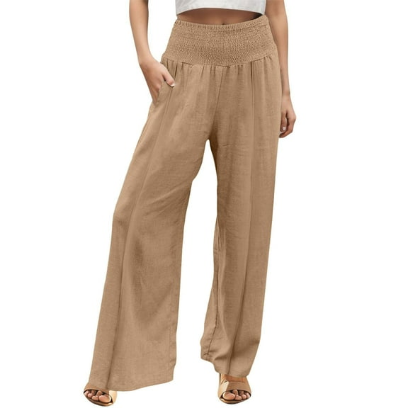 Lisingtool Trendy Pant for Women Linen Pants Women Summer Wide Leg Pants Drawstring Elastic Waist Pants High Waisted Pants Casual Beach Trousers Rose Gold