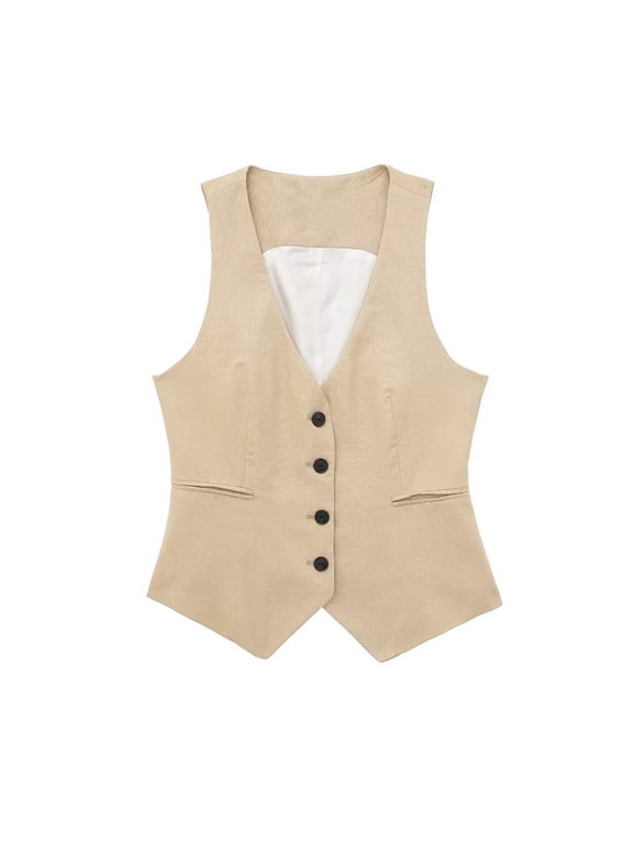 Lisingtool Tank Tops for Women Women Linen Casual Vest Ladies Sleeveless V Neck Vests Single Breasted Tops Khaki Promotion Sale