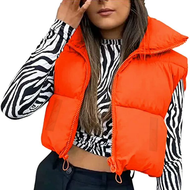 Lisingtool Vests for Women 2023 Ladies Autumn and Winter Casual Short Drawstring Adjustable Cotton Vest Jacket Puffer Vest Women Orange, Women's, Size