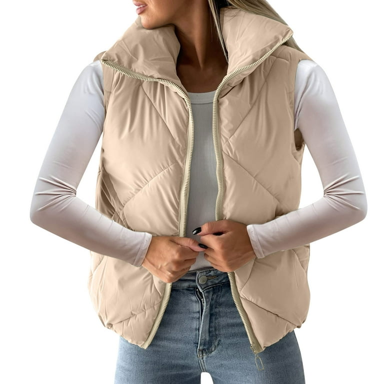 Lisingtool Vests for Women 2023 Women's Pockets Full Zip Long Sleeve Quilted Jacket Short Bubble Vest Coats Puffer Vest Women Beige, Size: Large