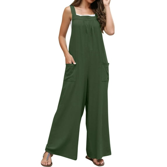 Lisingtool Wide Leg Pants for Women Women's Sleeveless Overalls Jumpsuit Romper with Button Pockets Solid Color Button Long Sleeveless Casual Jumpsuit for Women Women's Pants Green