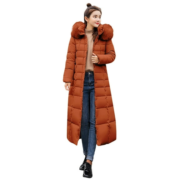 Lisingtool Winter Coats for Women's Solid Color Long Slim Hooded Detachable Collar Tie Warm Cotton Padded Pocket Long Sleeve Jacket Womens Tops Coffee