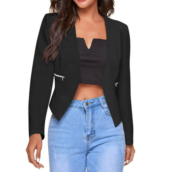 Lisingtool Winter Coats for Women Ladies Elegant Casual Solid Color Zipper Pockets Suit Thin Jacket Womens Tops Black